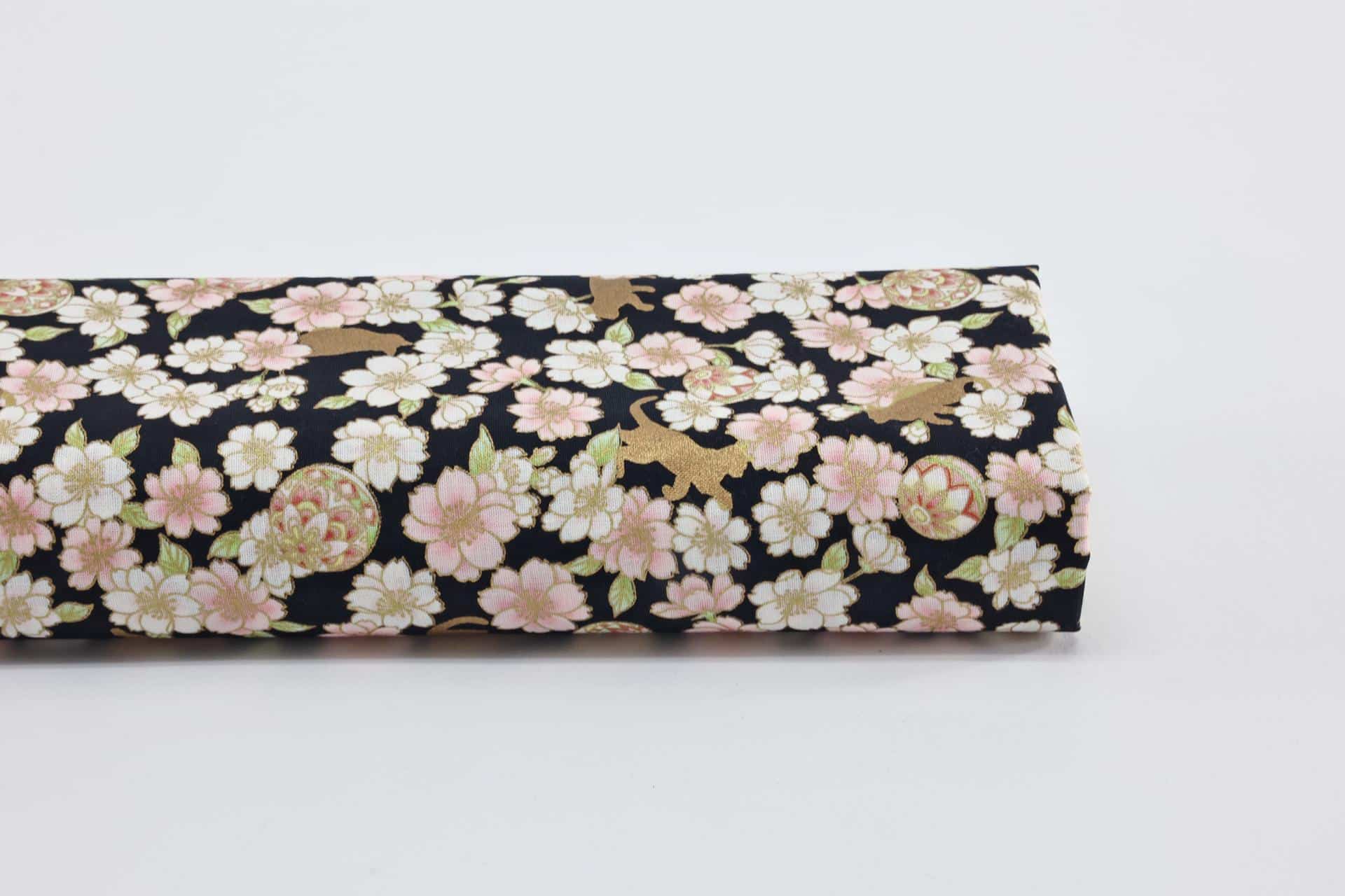 Japanese fabric golden cats Sakura navy black background