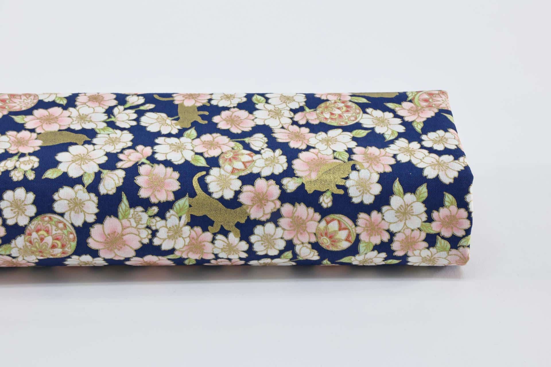 Japanese fabric golden cats Sakura navy blue background