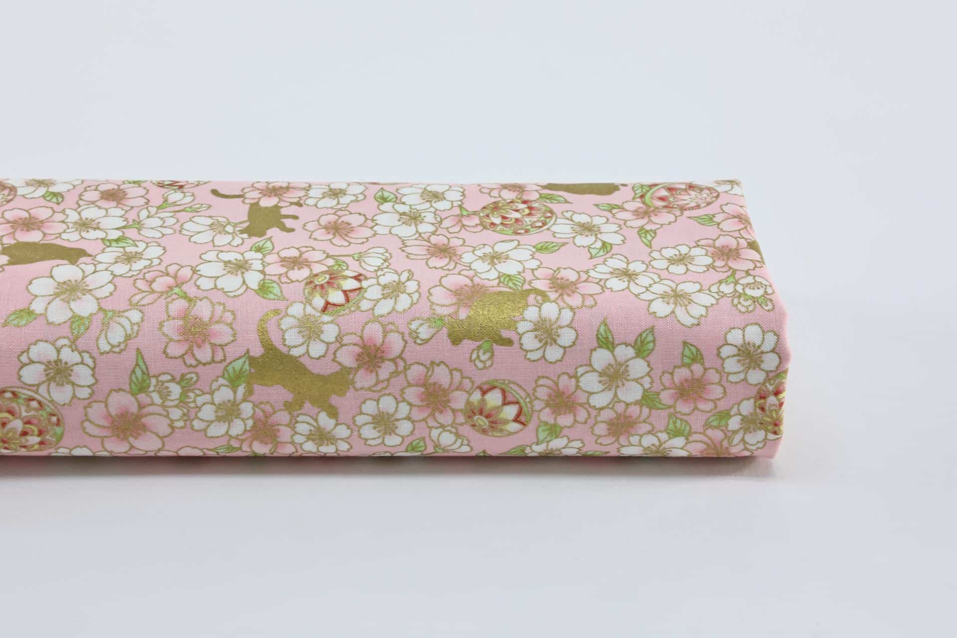 Japanese fabric golden cats Sakura pink background