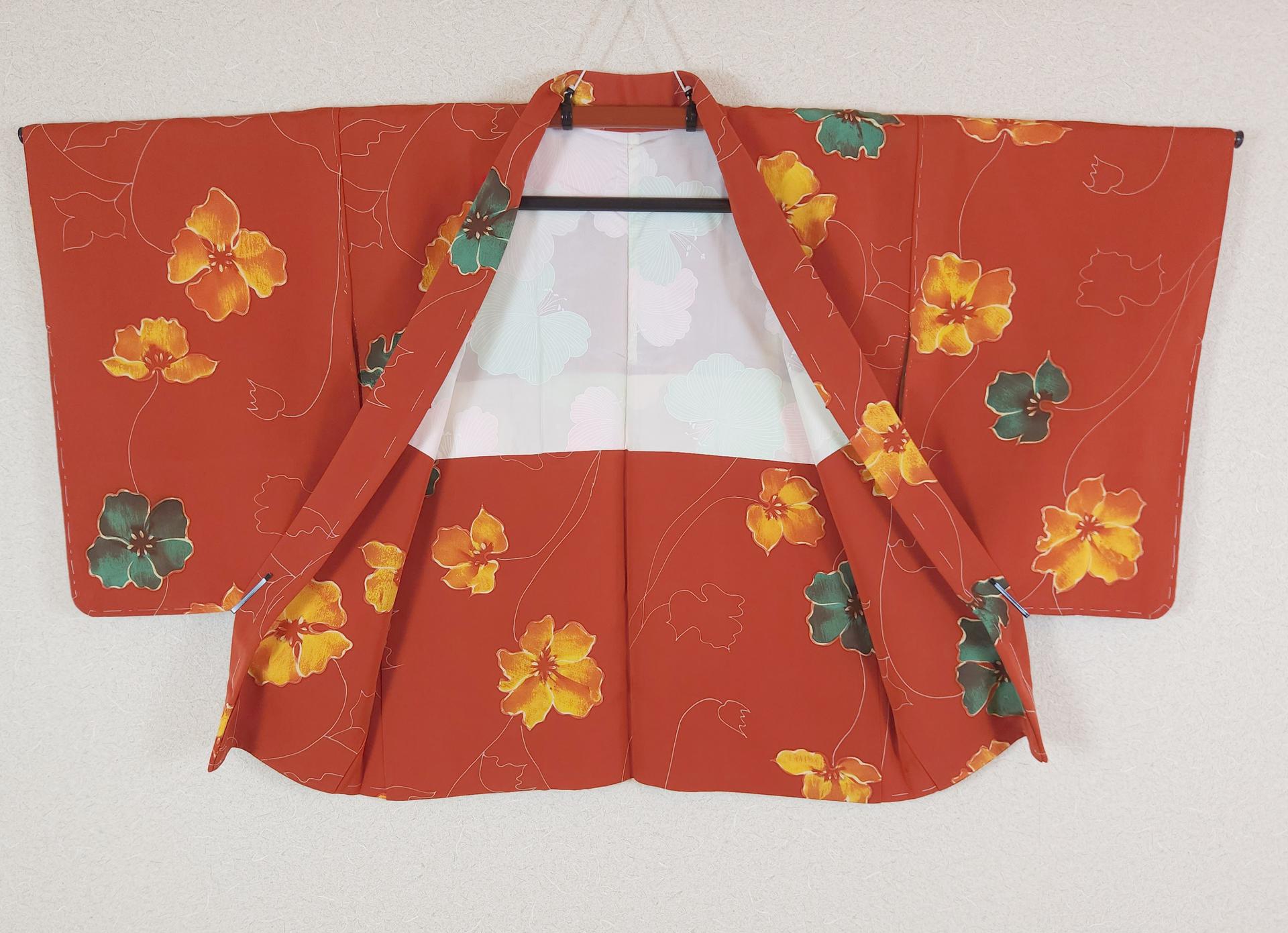Japanese orange Haori with hand-painted flowers