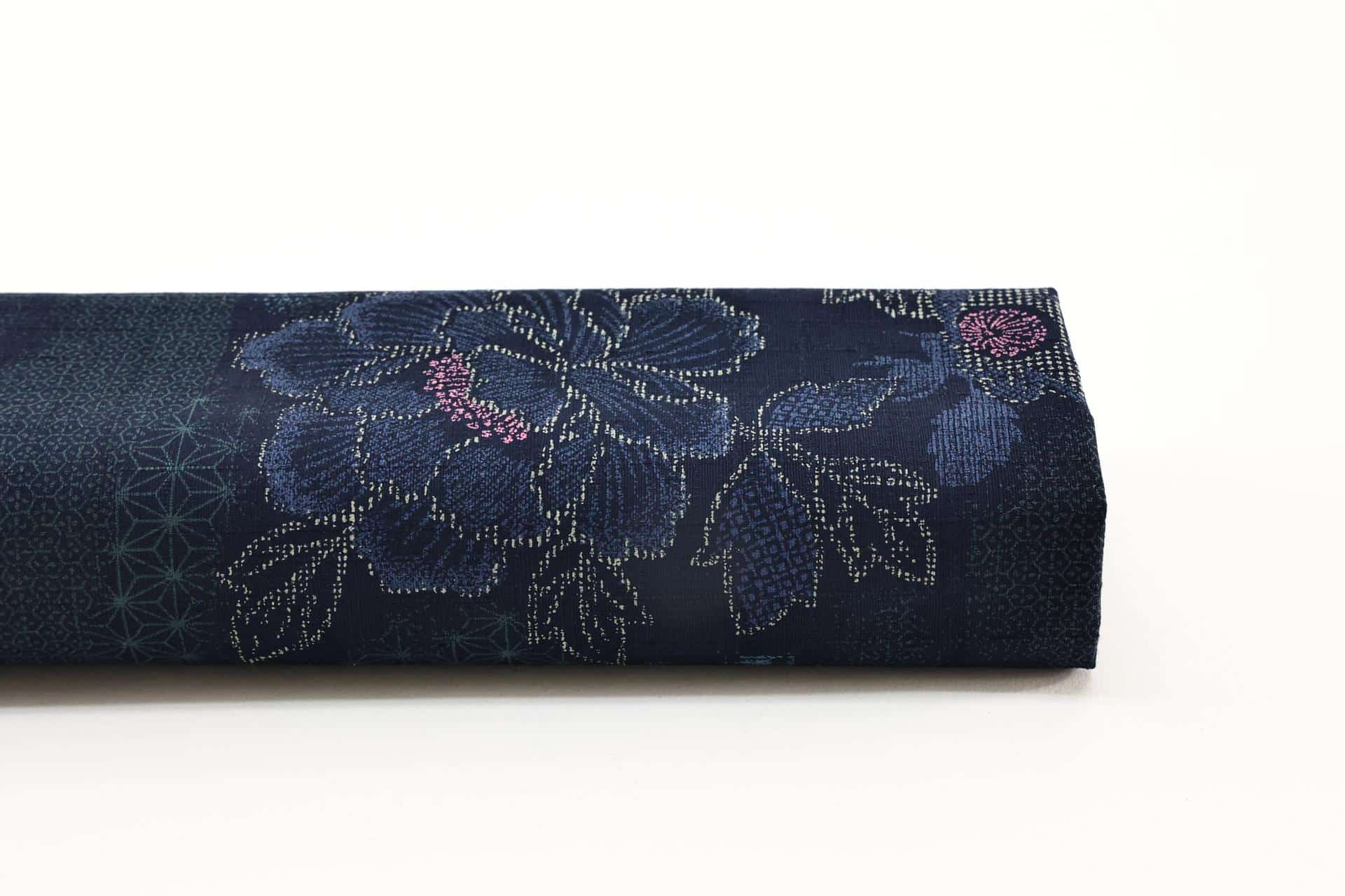 Kobayashi dobby fabric floral and geometric motifs blue background