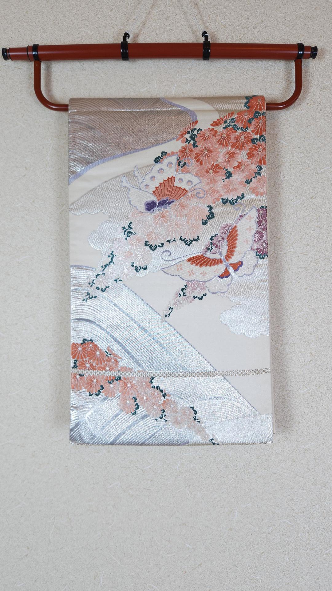 Silver Fukuro Obi with butterflies and flowers