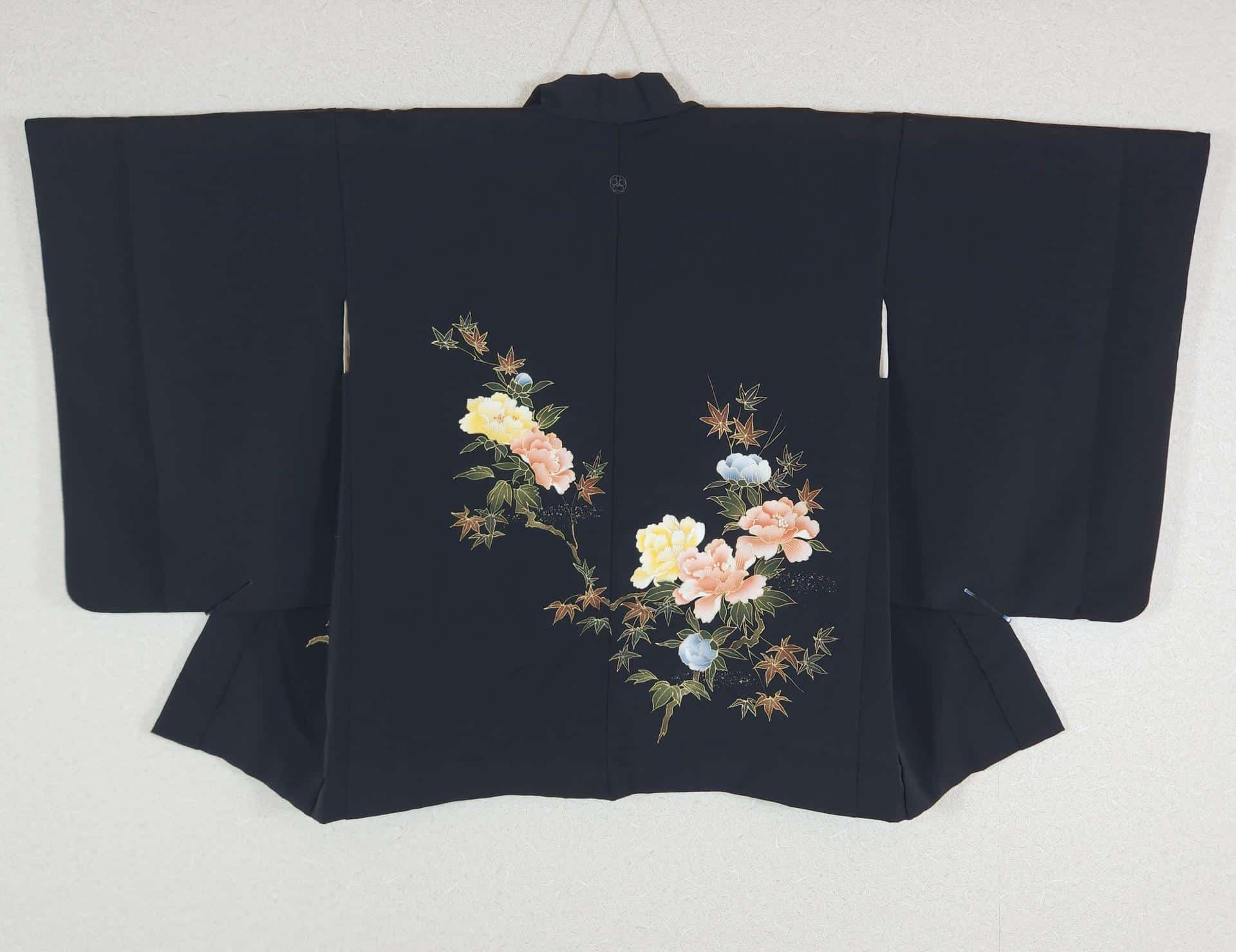 Black Haori decorated with peonies and maple leaves