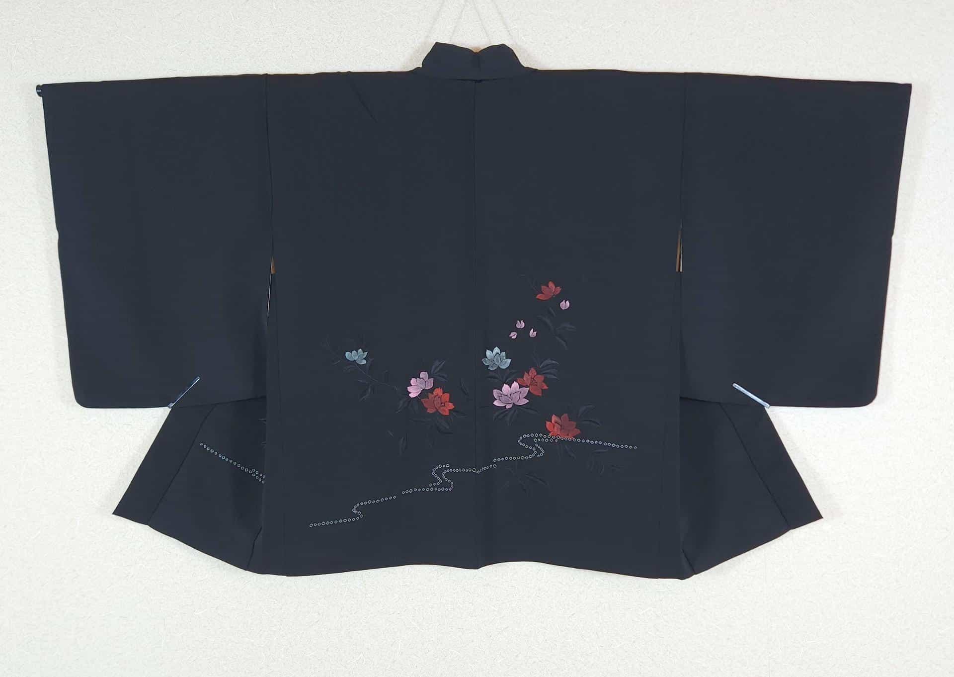 Black Haori embroidered flowers and Shibori river