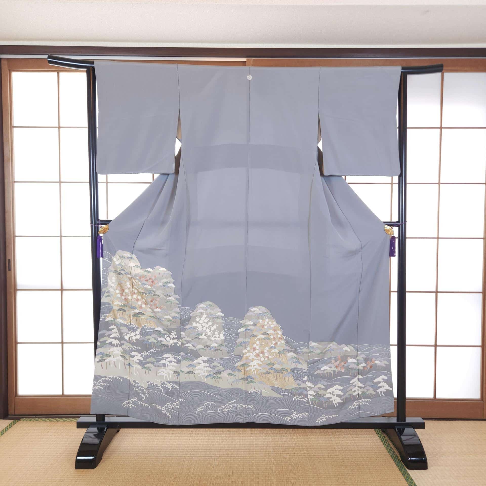 Gray Iro Tomesode with Yuzen landscape