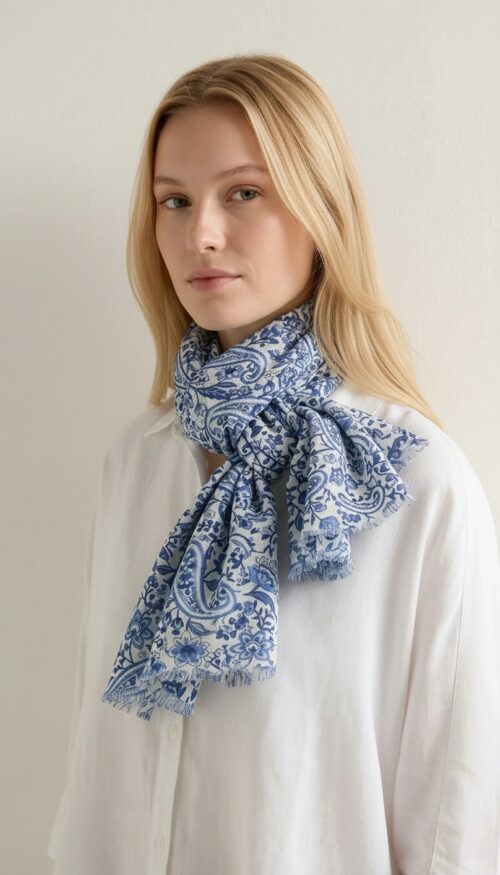 Blue and white paisley lawn cotton scarf worn by model