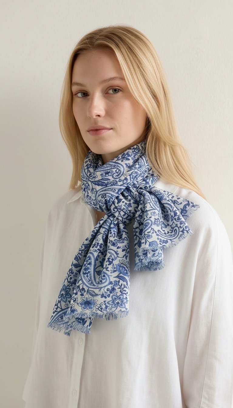 Écharpe en coton lawn motif paisley bleu et blanc portée par un modèle