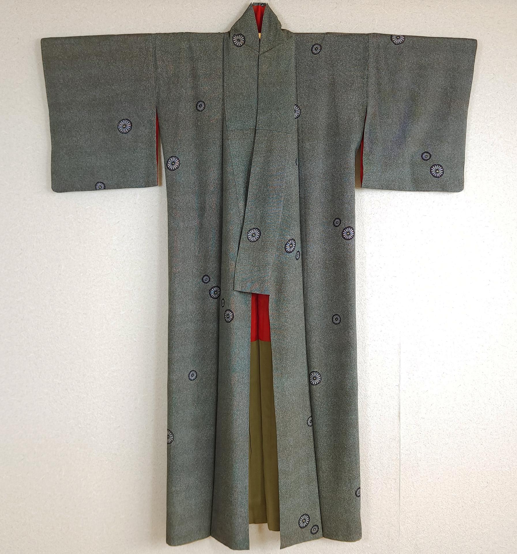 Antique khaki Komon Kimono with Kiku flowers