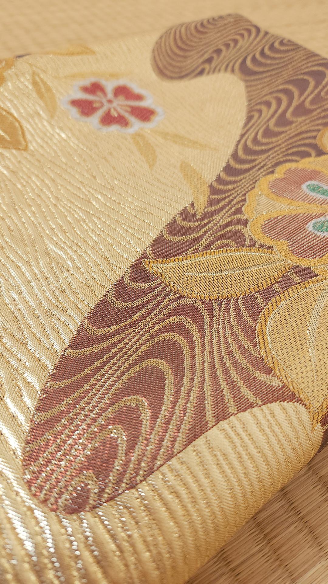 Gold Fukuro Obi waves burgundy background - DIY District