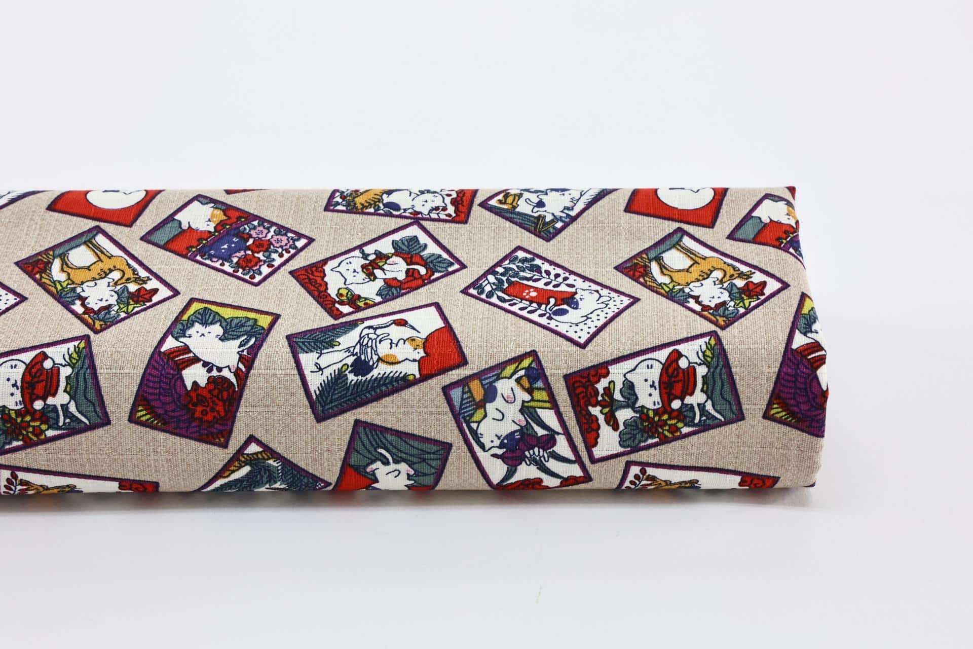 Tissu Japonais chats Hanafuda fond beige