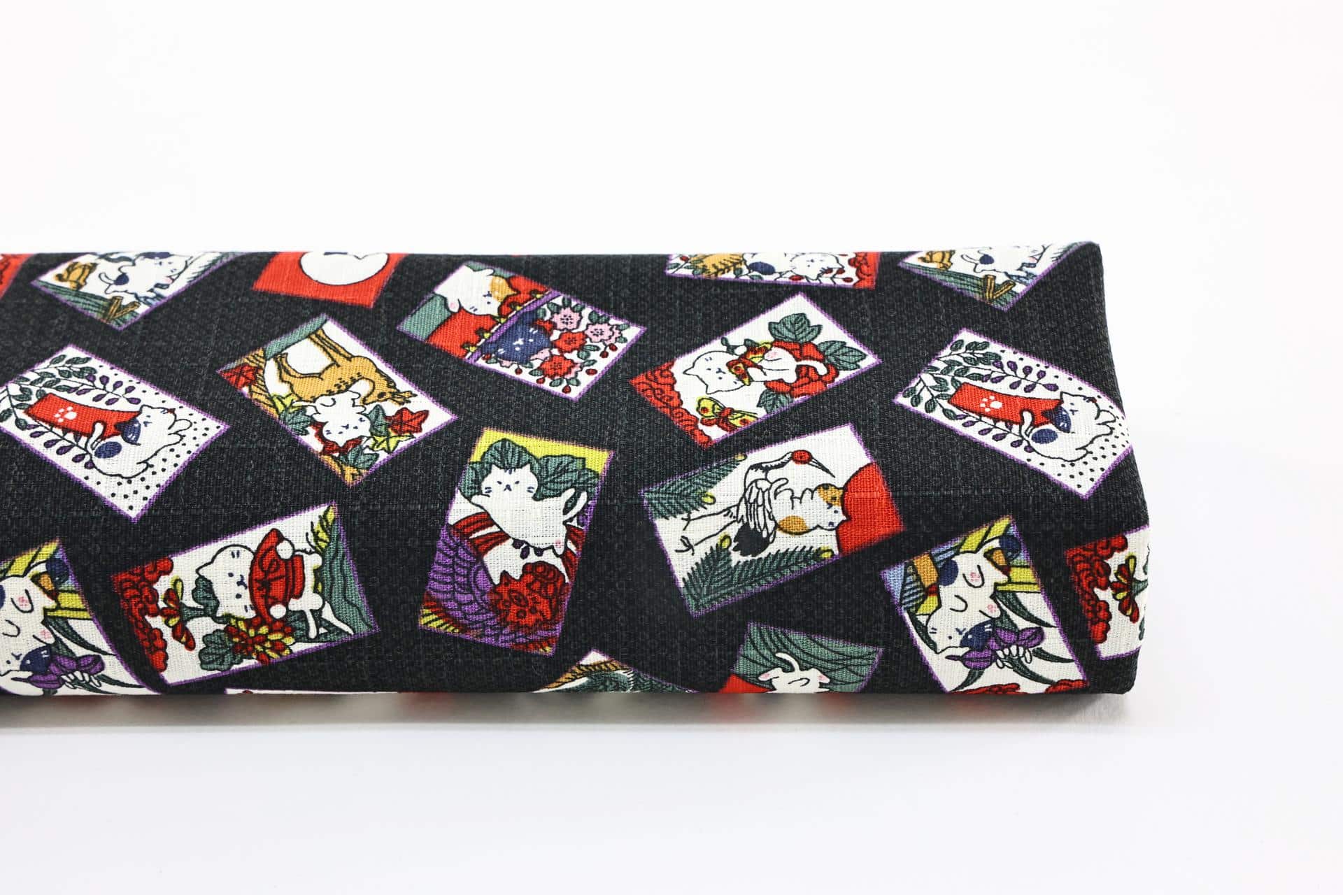 Tissu Japonais chats Hanafuda fond noir