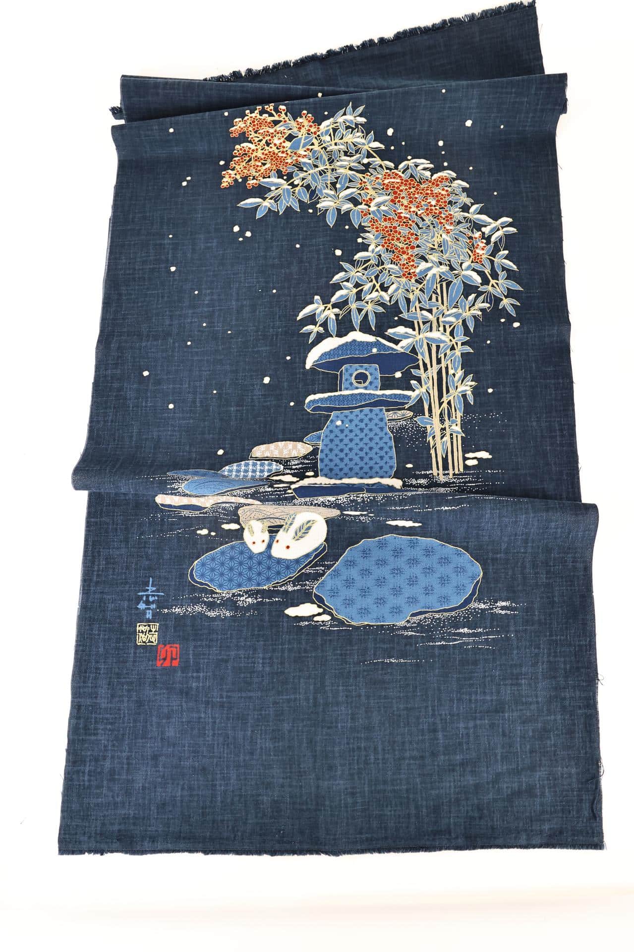 Tissu panneau Japonais jardin indigo doré