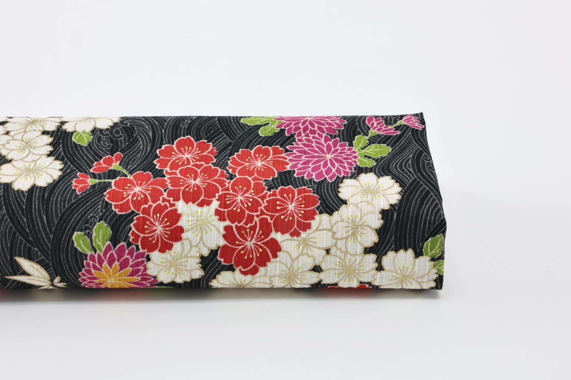 Japanese shantung fabric Sakura waves black background