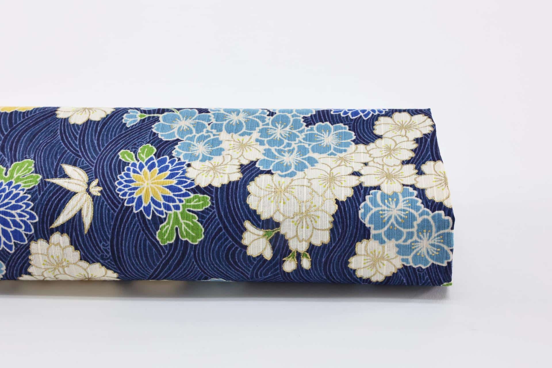Japanese shantung fabric Sakura waves navy blue background