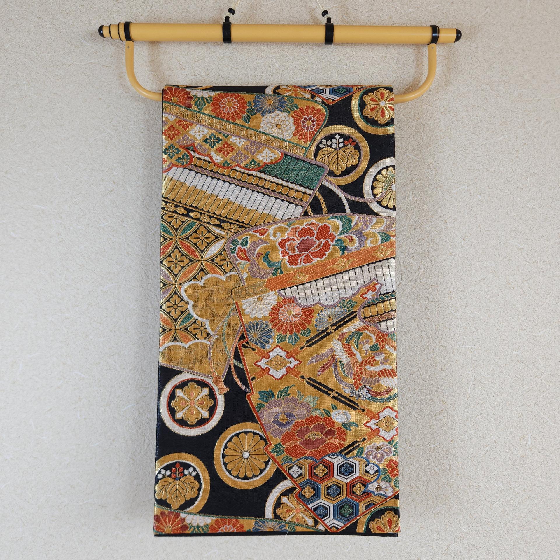 Black Fukuro Obi gold Kamon brocade