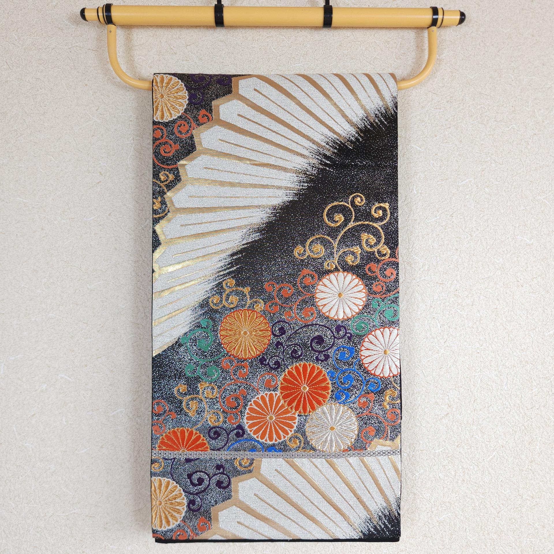 Black Fukuro Obi with fan and Kiku