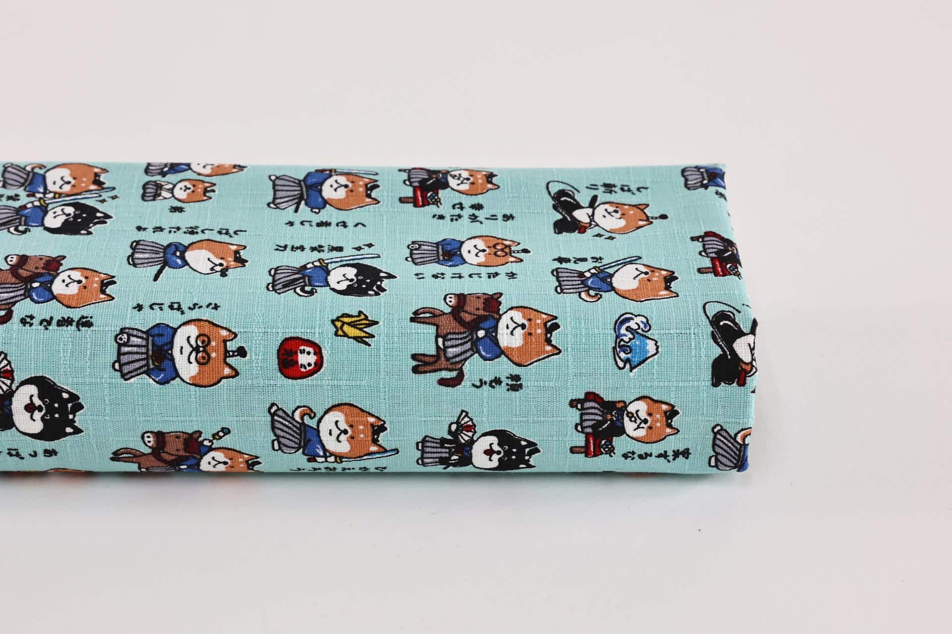 Japanese kawaii Shiba Samurai fabric turquoise