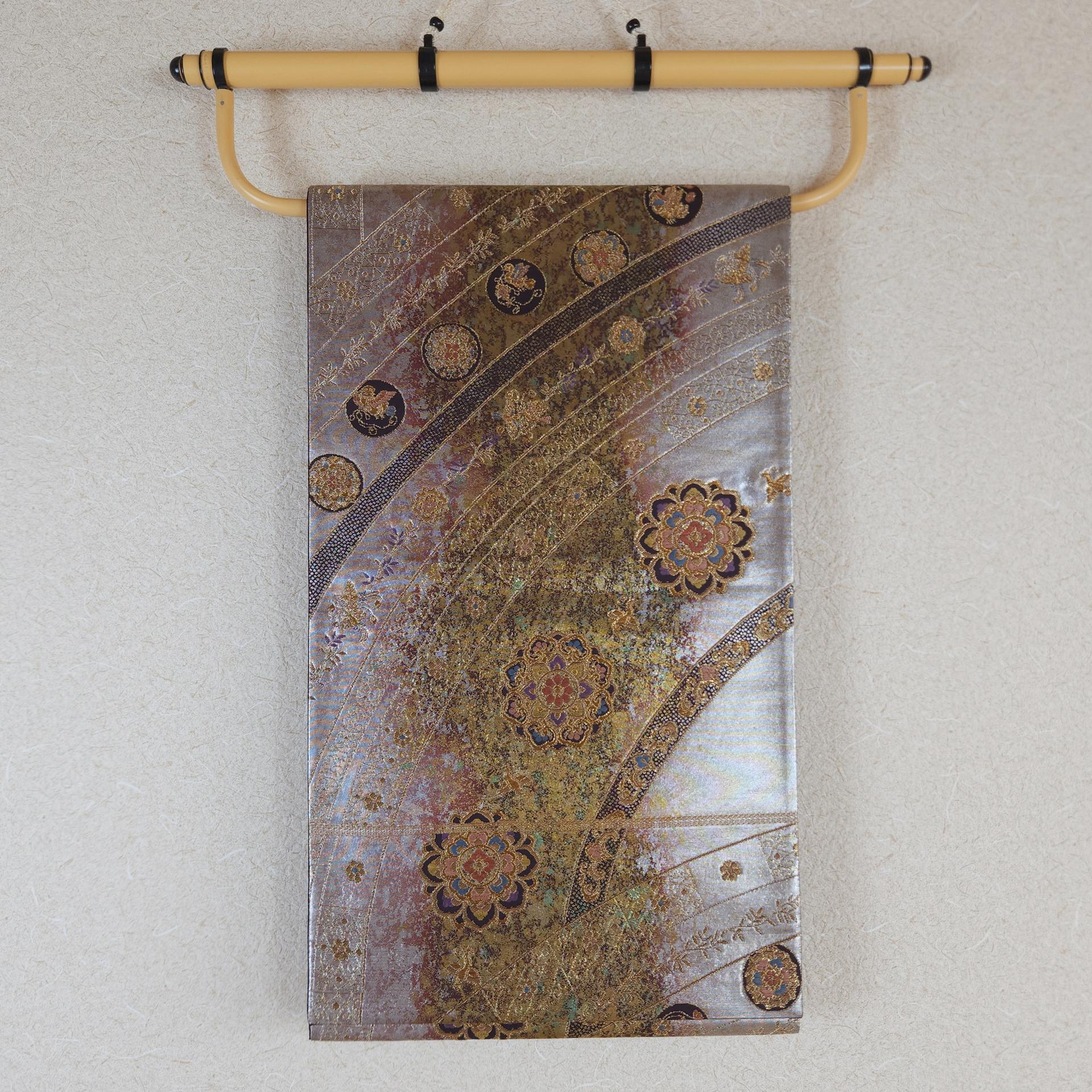 Silver Fukuro Obi with gold flowers