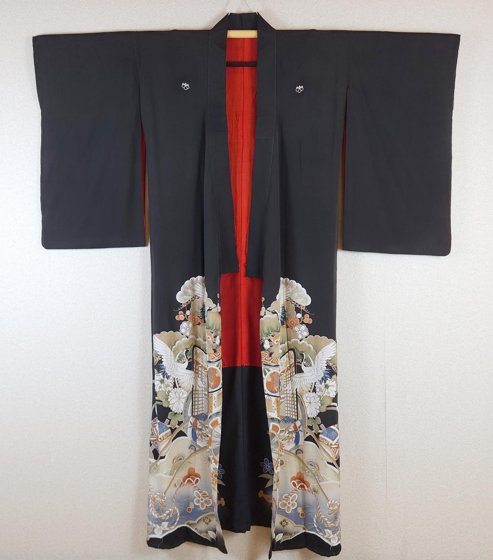 Kimono Kuro Tomesode antique grues et chariot