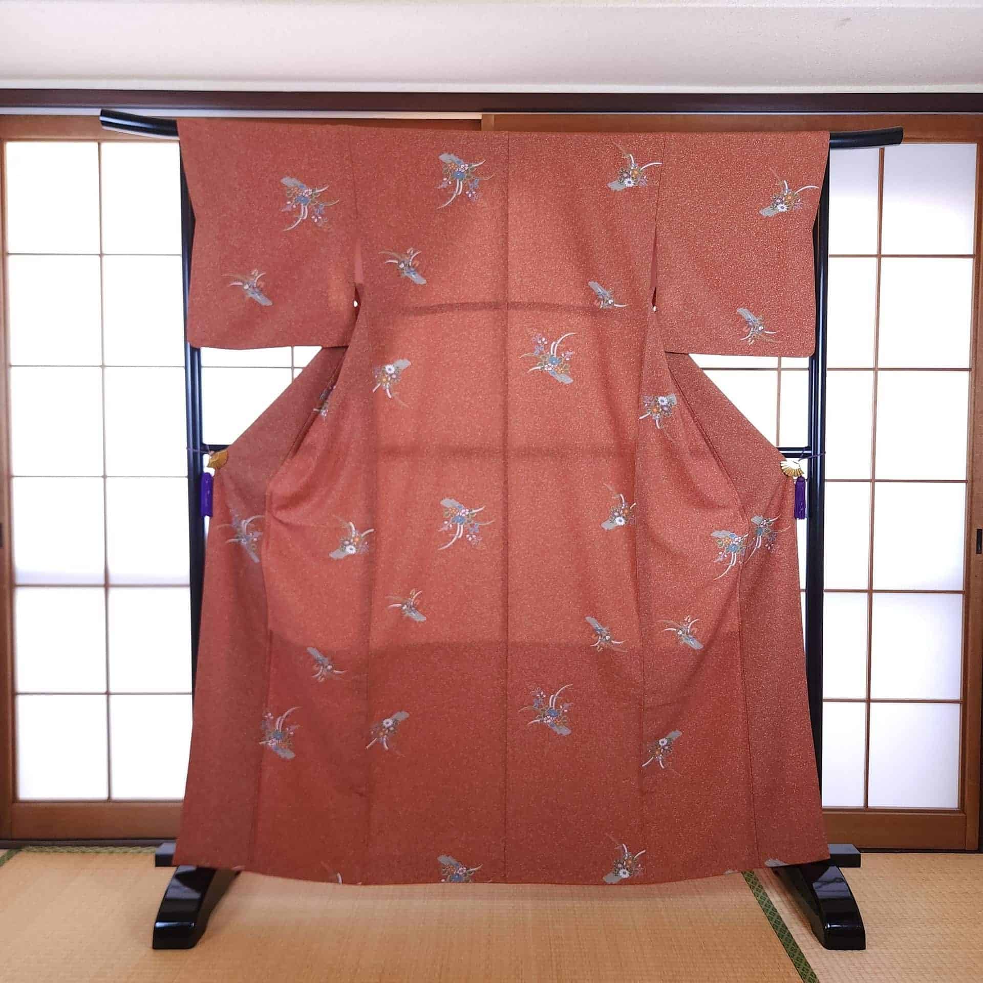 Kimono Komon rouge brique fleurs
