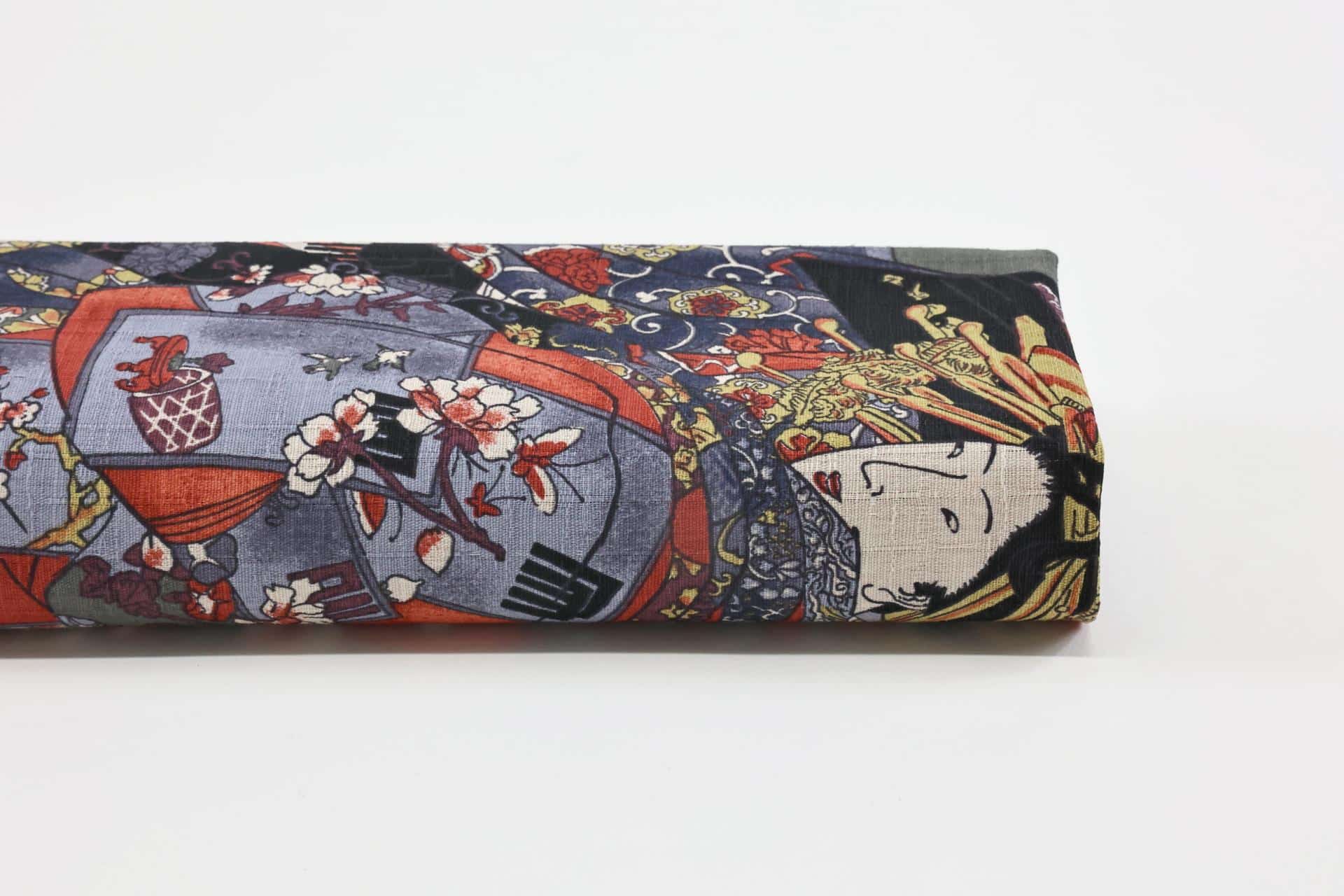 Japanese Samurai and Geisha fabric grey background