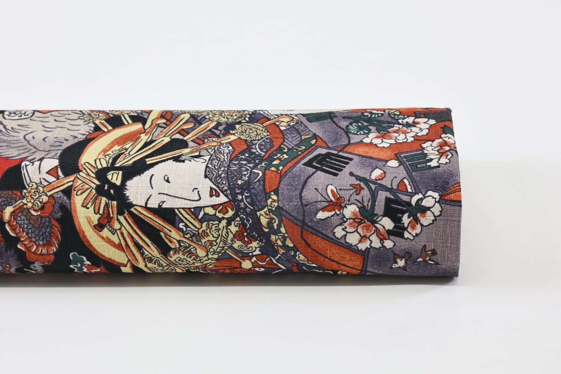 Japanese Samurai and Geisha fabric red background