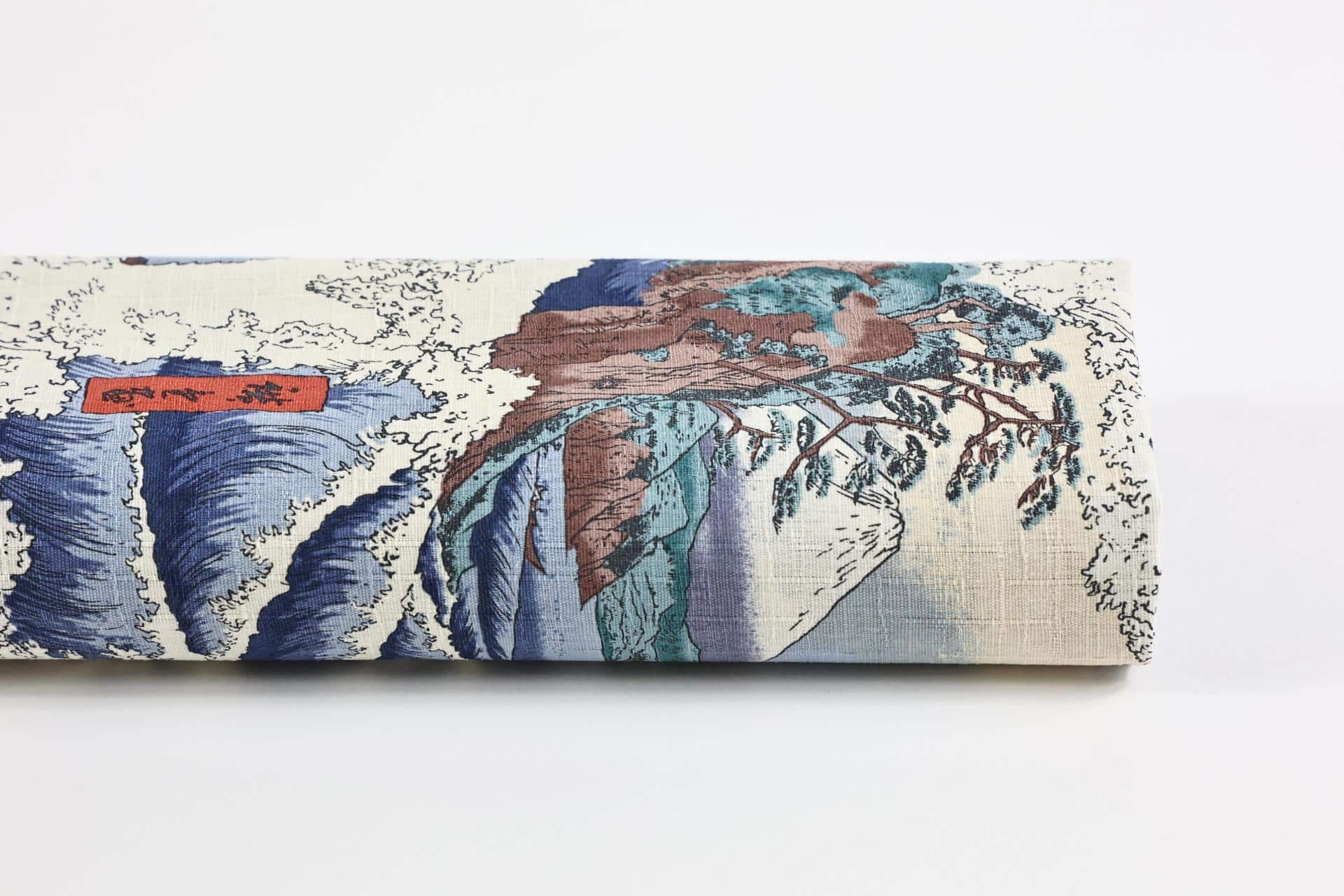 Tissu Japonais Ukiyo-e Mont Fuji bleu en coton dobby