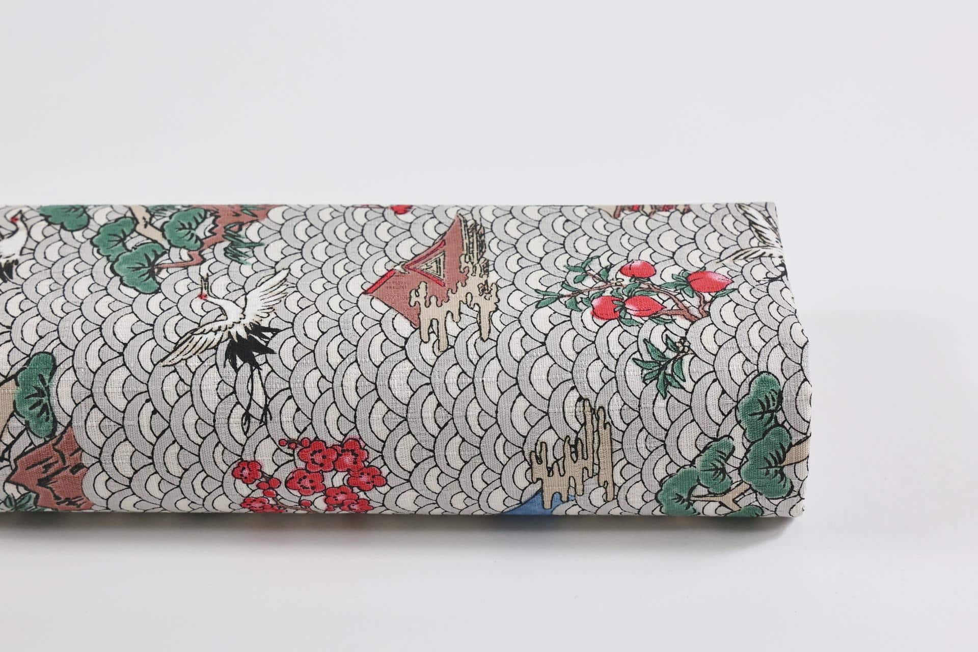 Tissu Japonais grues, mont Fuji, Seigaiha gris