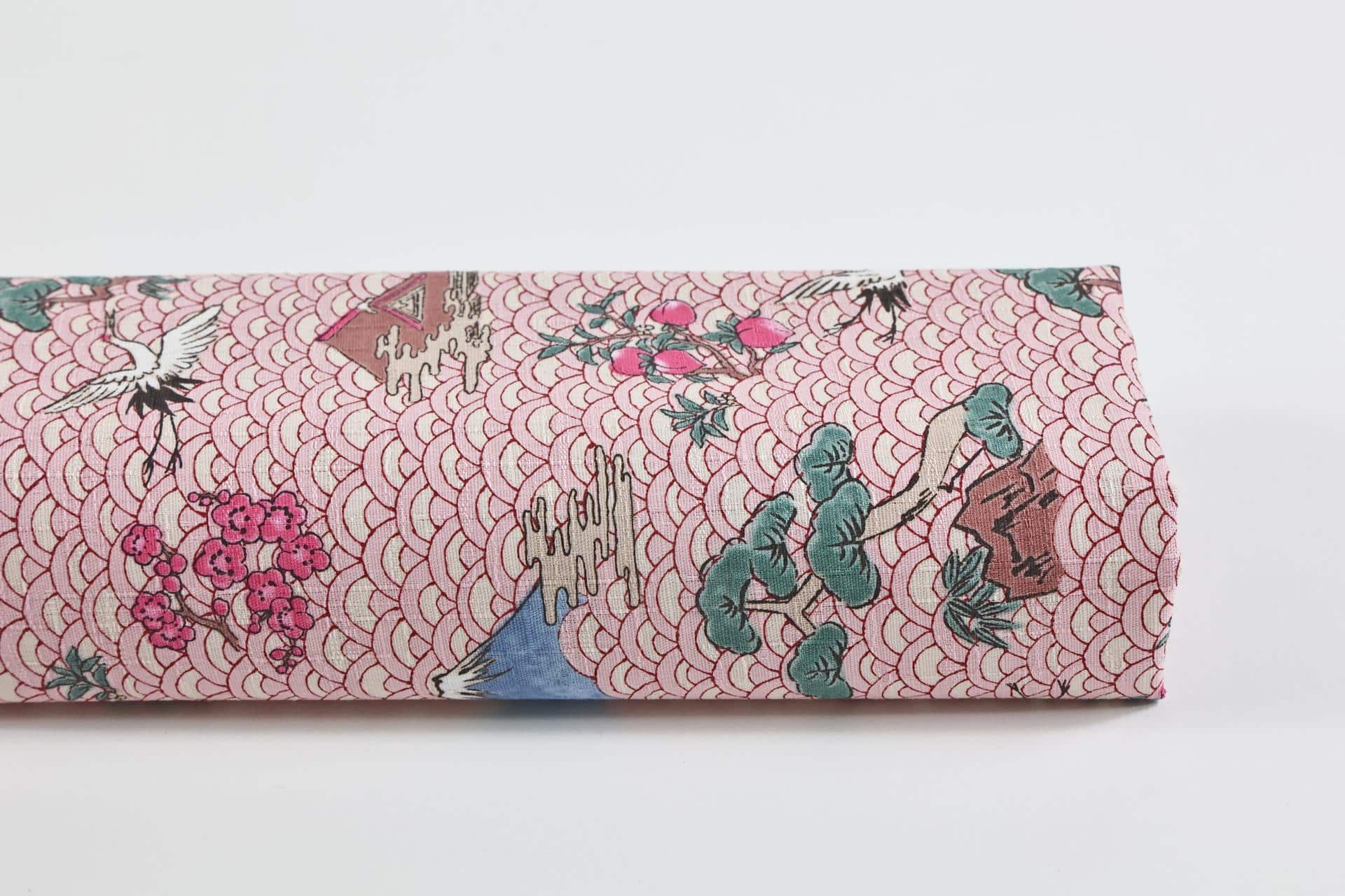 Tissu Japonais grues, mont Fuji, Seigaiha rose