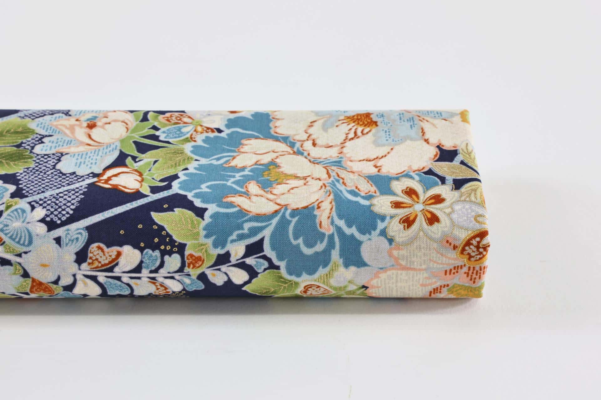 Japanese gold floral fabric on navy blue