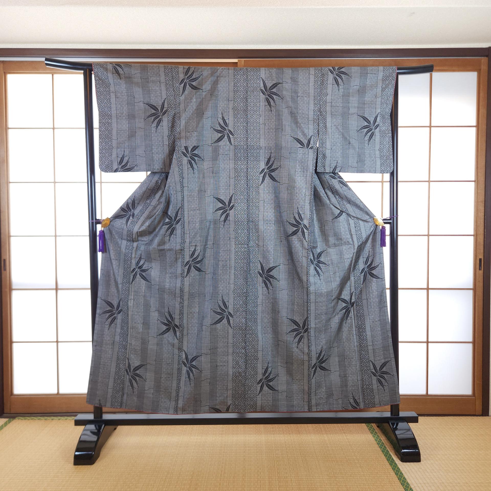 Kimono Tsumugi gris bambou