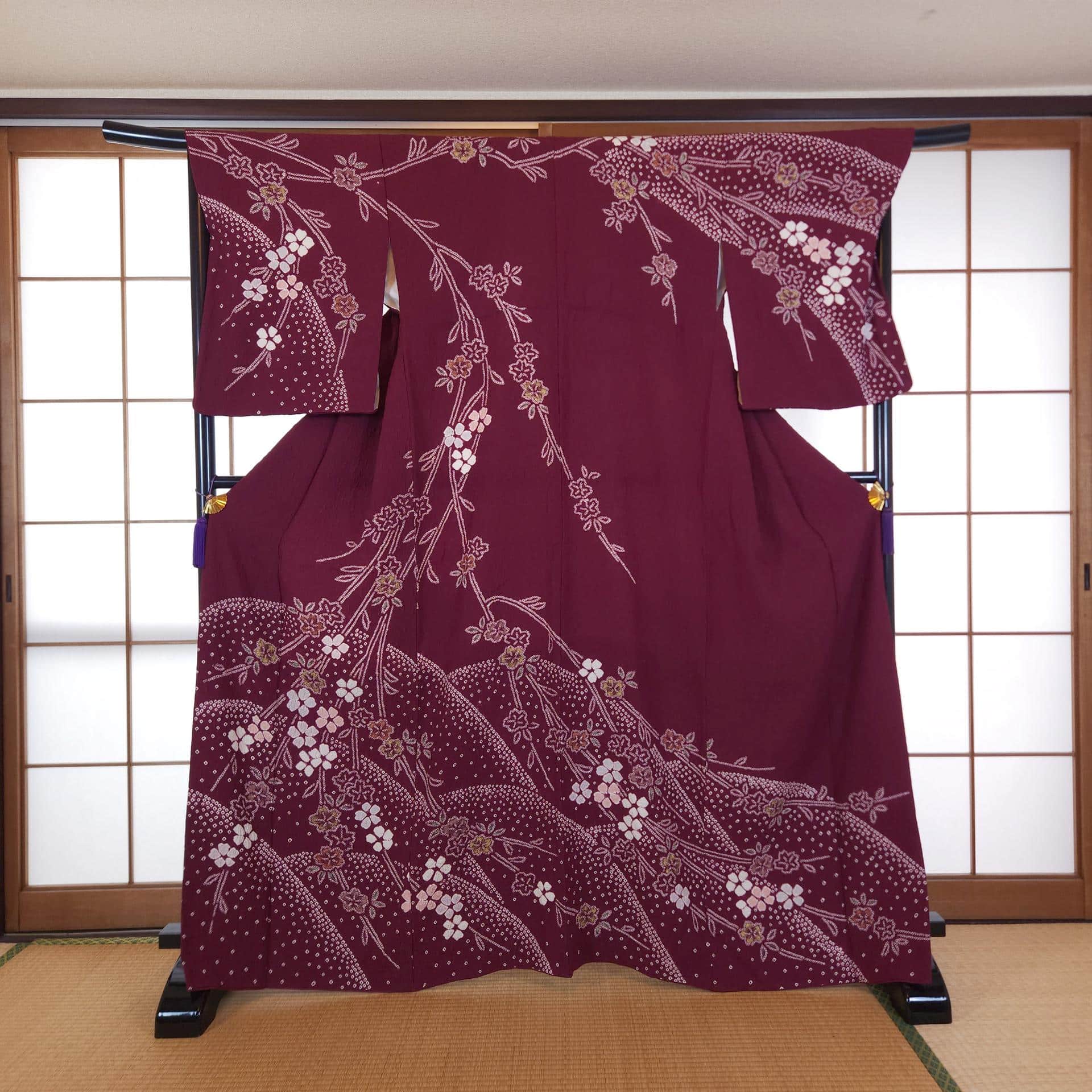 Bordeaux Sakura Shibori Houmongi Kimono
