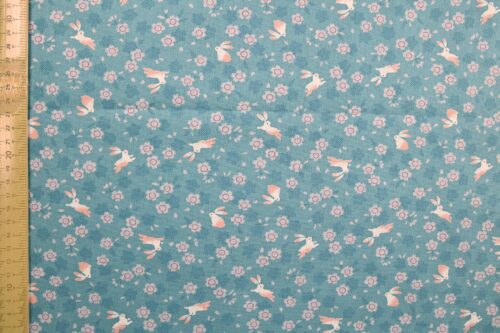 Japanese cotton fabric with rabbits and sakura on light blue