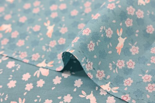 Japanese cotton fabric with rabbits and sakura on light blue