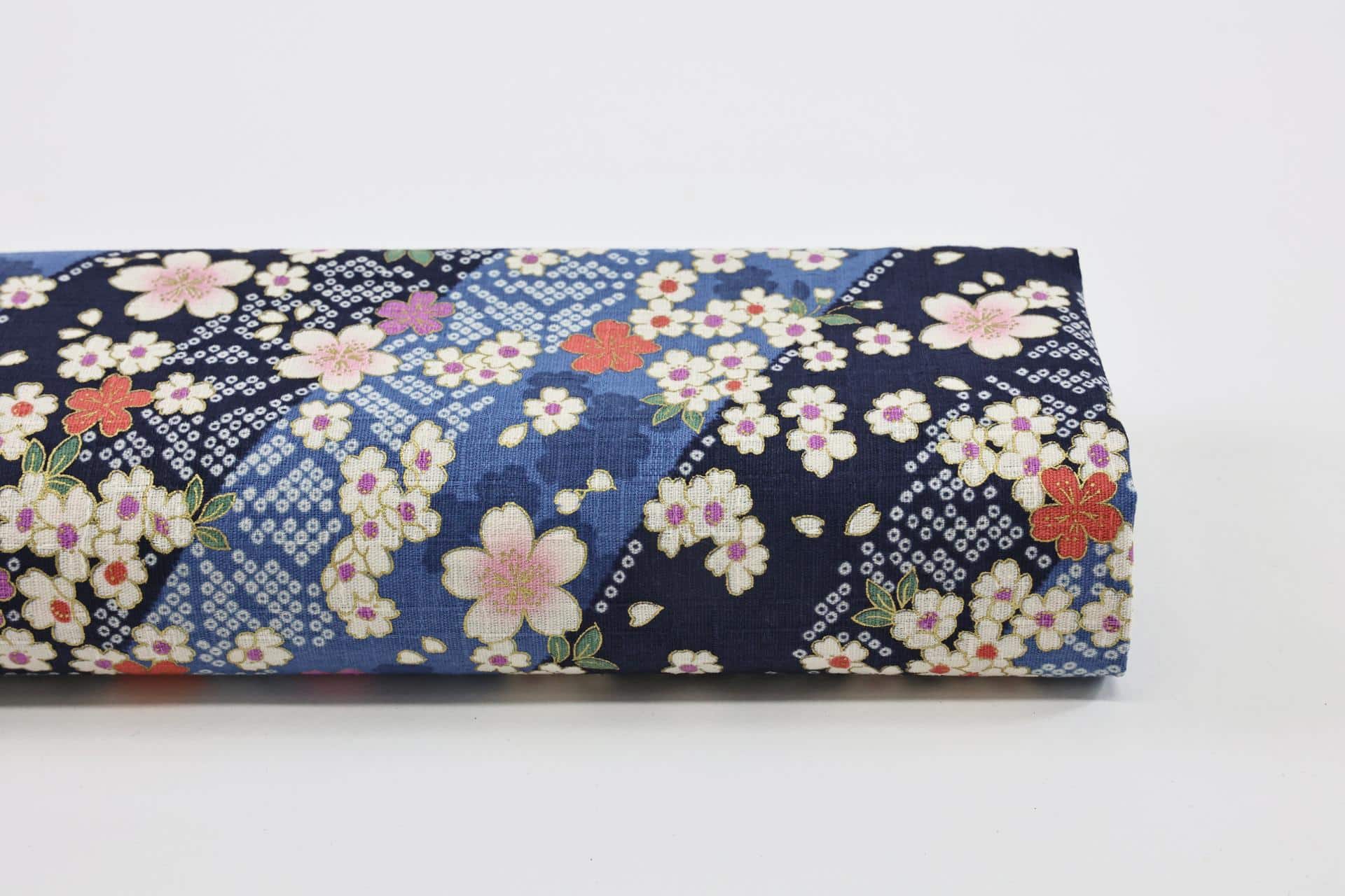Tissu Japonais Sakura et lignes pointillées fond bleu