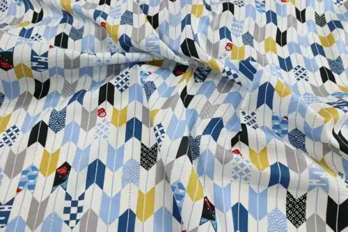 Japanese arrow feather yagasuri fabric multicolor on a white background, crumpled flat