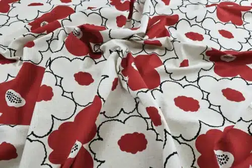 Tissu Japonais canvas fleurs rouges encre noire, canvas coton et lin Kobayashi, drapé à plat