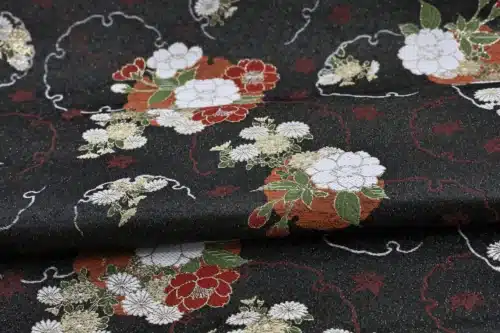 Brocart jacquard Japonais bouquets hanamaru noir pailleté, brocart jacquard polyester Cosmo, gros plan du motif