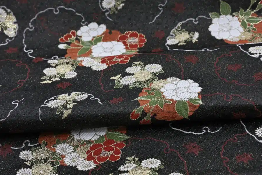 Brocart jacquard Japonais bouquets hanamaru noir pailleté, brocart jacquard polyester Cosmo, gros plan du motif