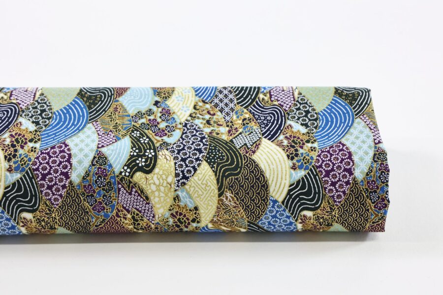 Tissu japonais vagues multi motifs traditionnels dorés, tons bleu capri et violet