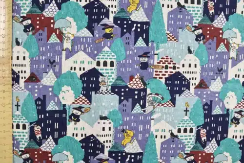 Japanese witch cat village fabric blue, Kobayashi cotton and linen canvas, flat view with ruler