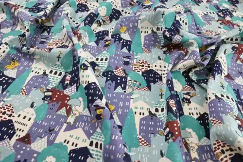 Japanese witch cat village fabric blue, Kobayashi cotton and linen canvas, draped flat
