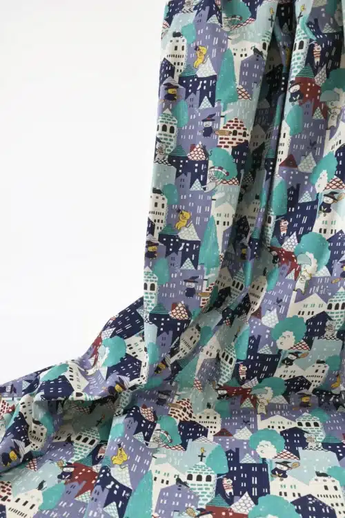 Japanese witch cat village fabric blue, Kobayashi cotton and linen canvas, draped