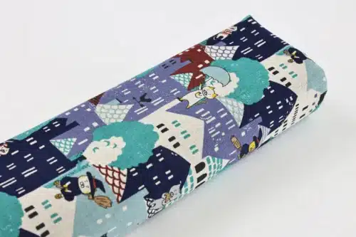 Japanese witch cat village fabric blue, Kobayashi cotton and linen canvas, fabric roll on white background