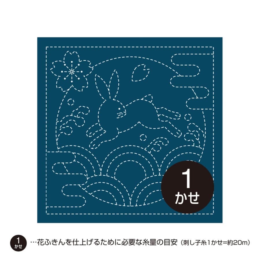 Pre-printed Sashiko fabric rabbit Seigaiha on blue