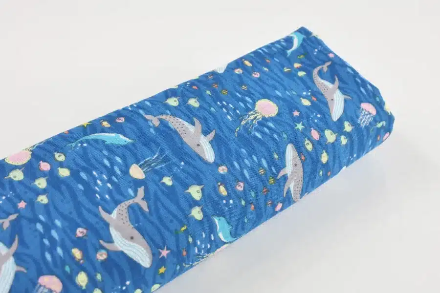 Japanese double gauze whale and dolphin fabric blue background