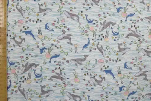 Japanese double gauze whale and dolphin fabric white background, flat with ruler