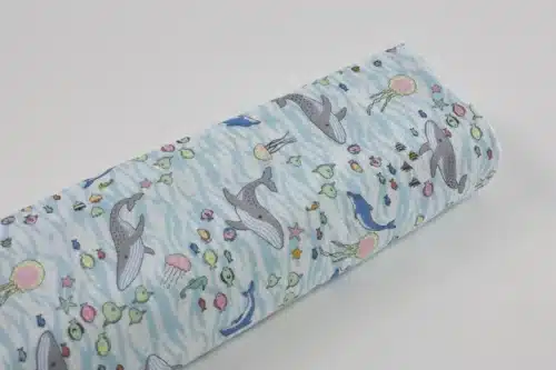 Japanese double gauze whale and dolphin fabric white background