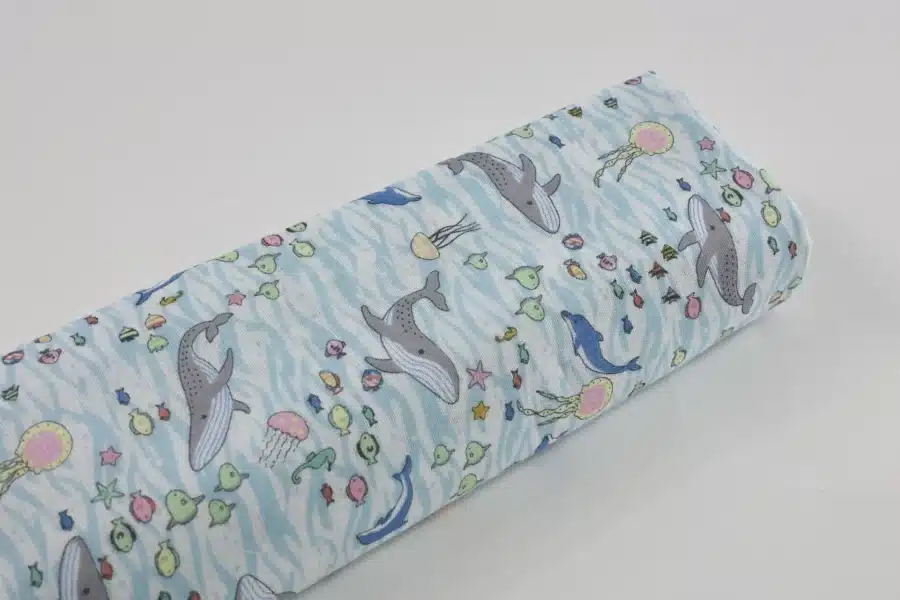 Japanese double gauze whale and dolphin fabric white background