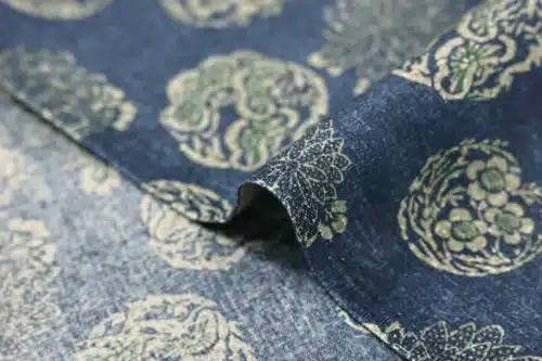 Japanese hanamaru floral medallions fabric navy blue background, medallion detail